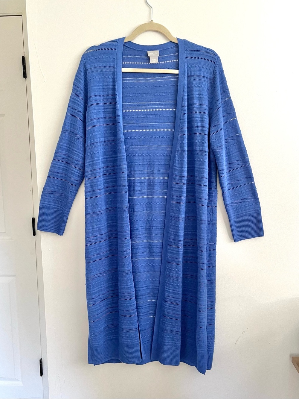 Chico's Open-Front Long Line Duster Knit Blue Cardigan Layering Lagenlook Medium